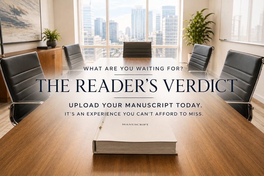 A sunlit executive boardroom, a bound manuscript resting at the head of a long wooden table. The image carries the words: What are you waiting for? The Reader's Verdict — upload your manuscript today. It's an experience you can't afford to miss.