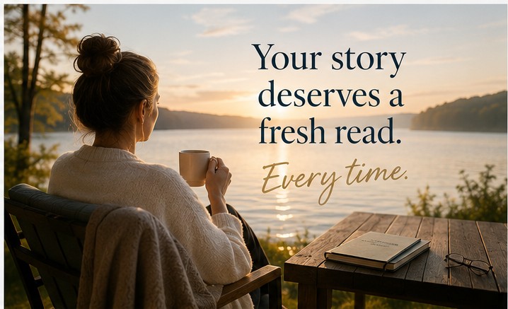 A writer sits with a cup of coffee at a sunrise lakeside, a notebook and reading glasses on the table beside her, looking out over calm water. The image carries the words: Your story deserves a fresh read. Every time.