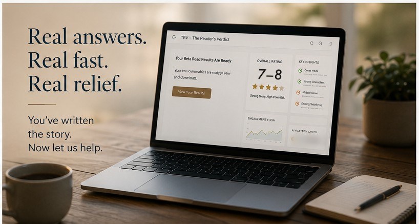 A laptop on a warm wooden desk beside a notebook, pen, and cup of coffee, its screen showing a Reader's Verdict results page with a rating and key insights. The image carries the words: Real answers. Real fast. Real relief. You've written the story. Now let us help.