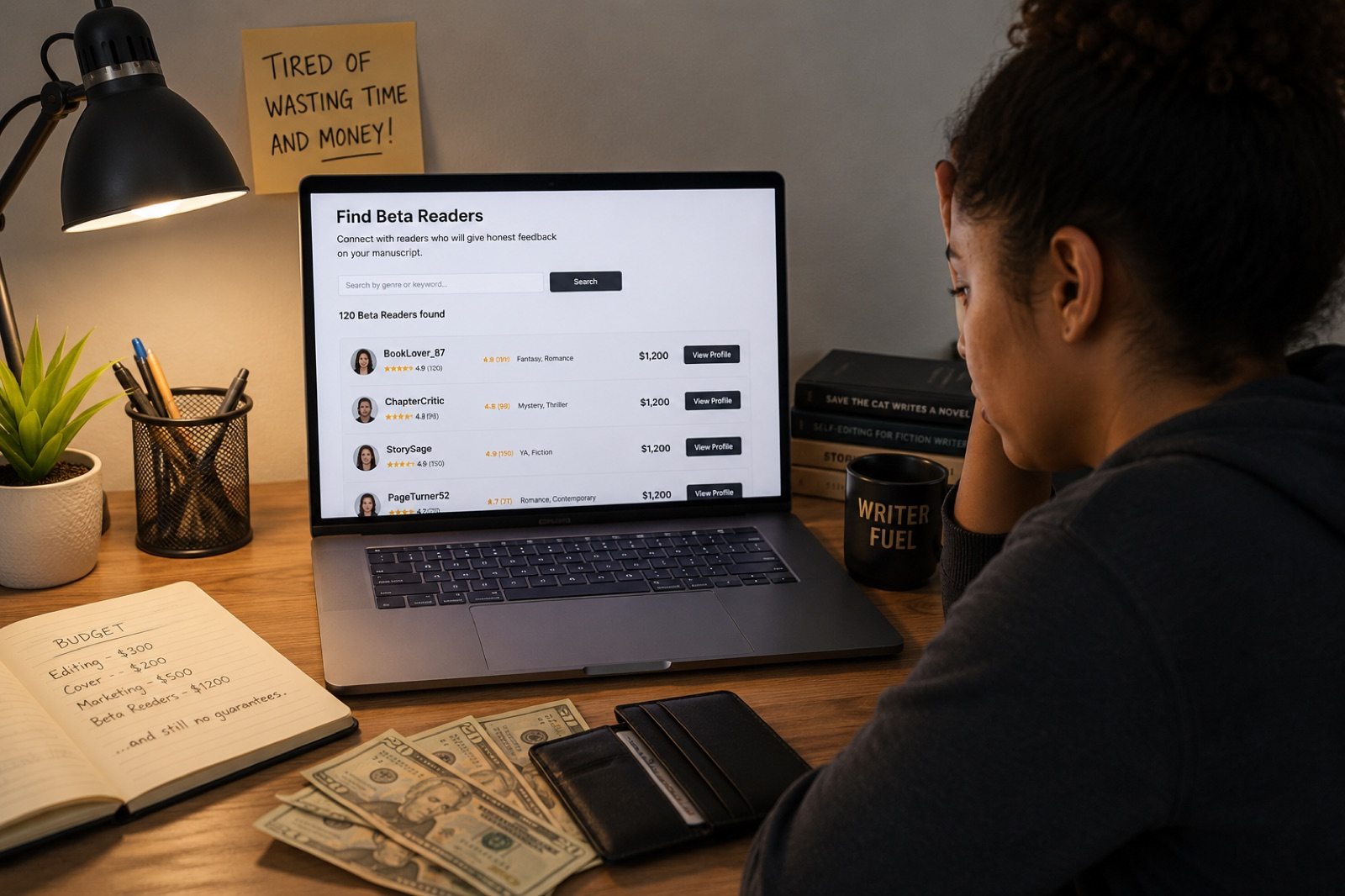 A writer at her desk at night comparing beta reader listings priced at twelve hundred dollars, her budget notebook open beside her wallet