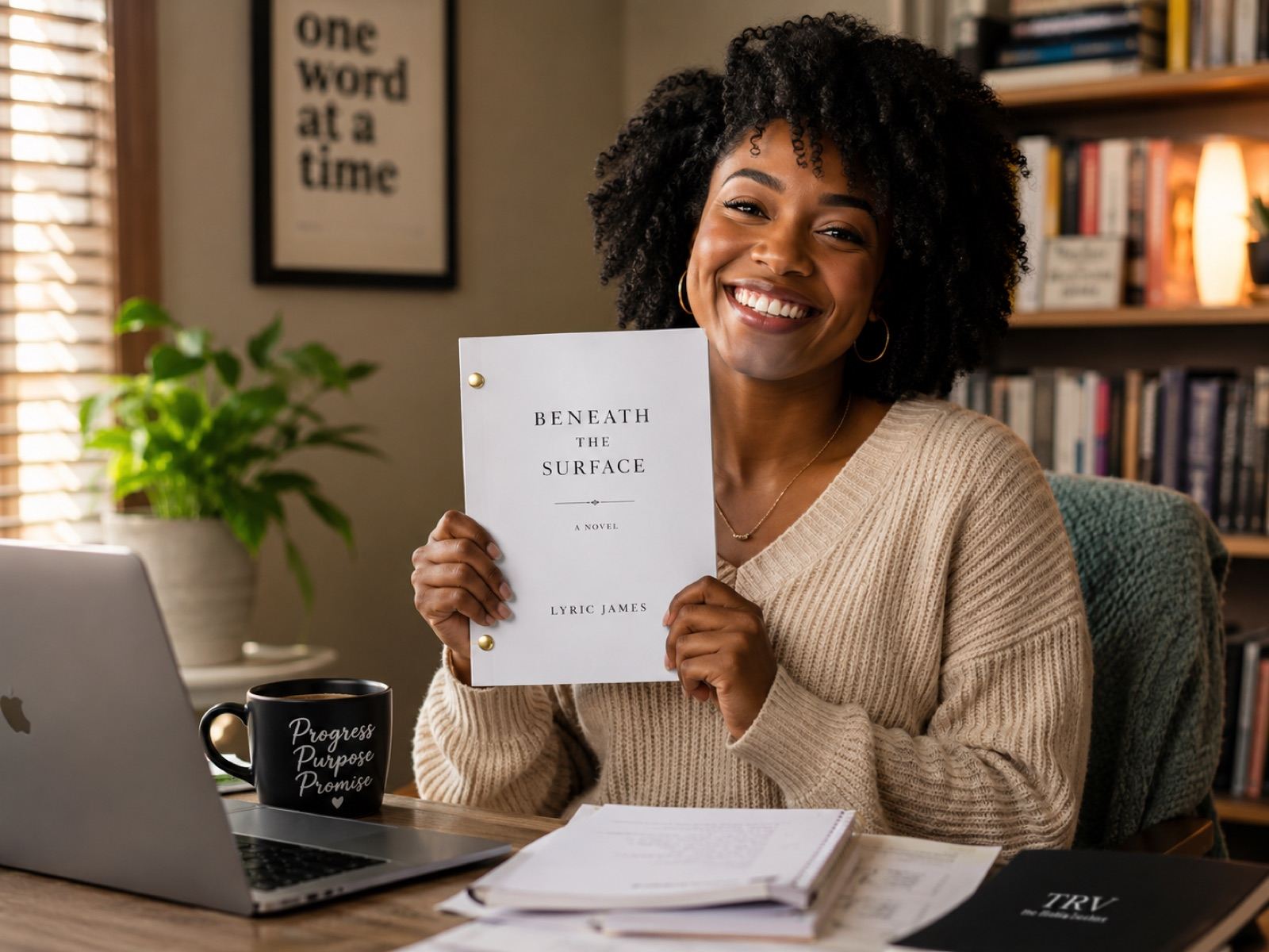 A writer beaming as she holds up her finished manuscript in her study