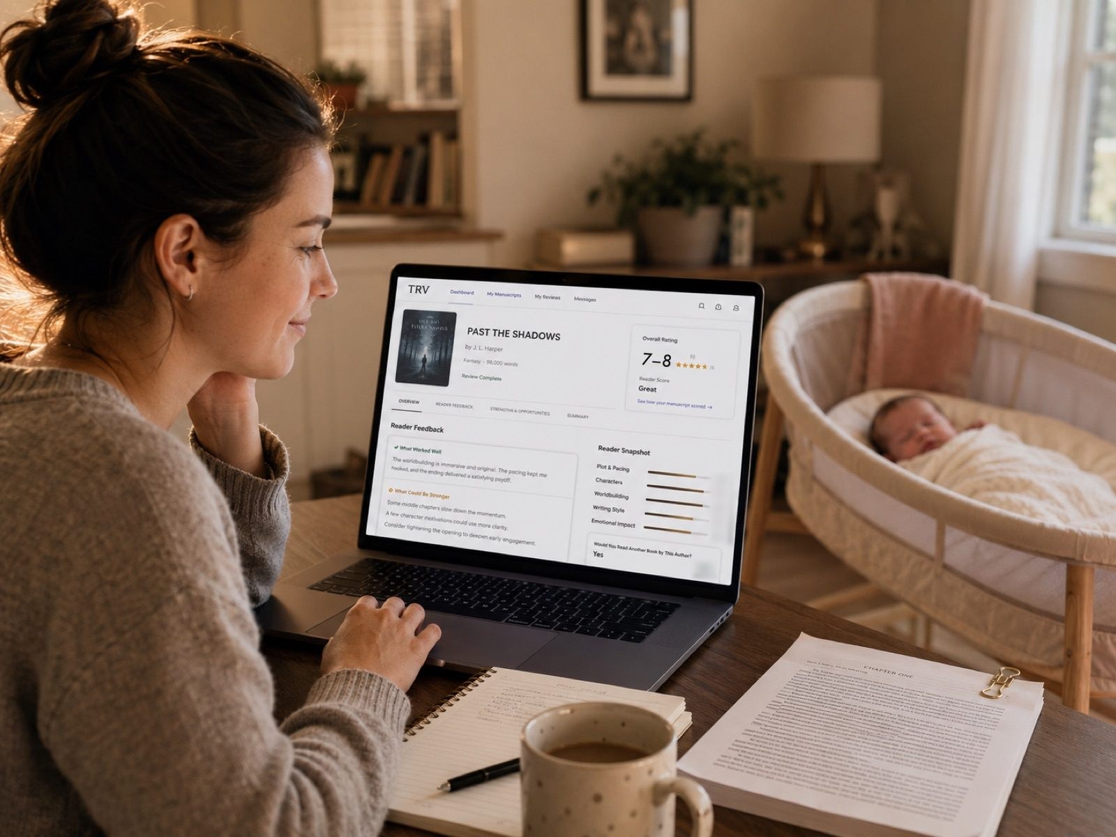 A new mother reading her manuscript's Reader's Verdict results at home while her newborn sleeps beside her