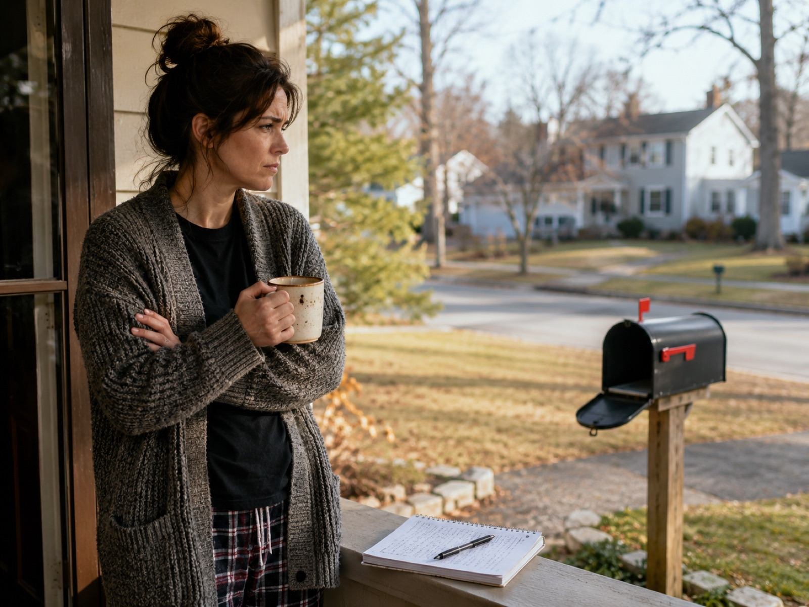 A writer on her porch with coffee, watching an empty mailbox across the yard
