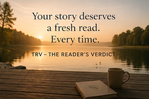 Evening light over still water; a coffee cup and a notebook on the dock. The image carries the words: Your story deserves a fresh read. Every time.