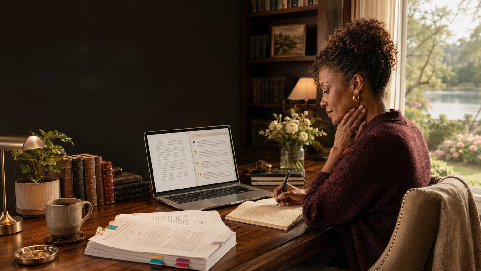 A woman at a wooden desk beside a window that looks out on a lake, writing in an open notebook while the laptop next to her shows a list of findings, each one marked in its own colour. A manuscript stack tabbed in four colours, a row of old books, white flowers in a jar, a cup, and a lit brass lamp.
