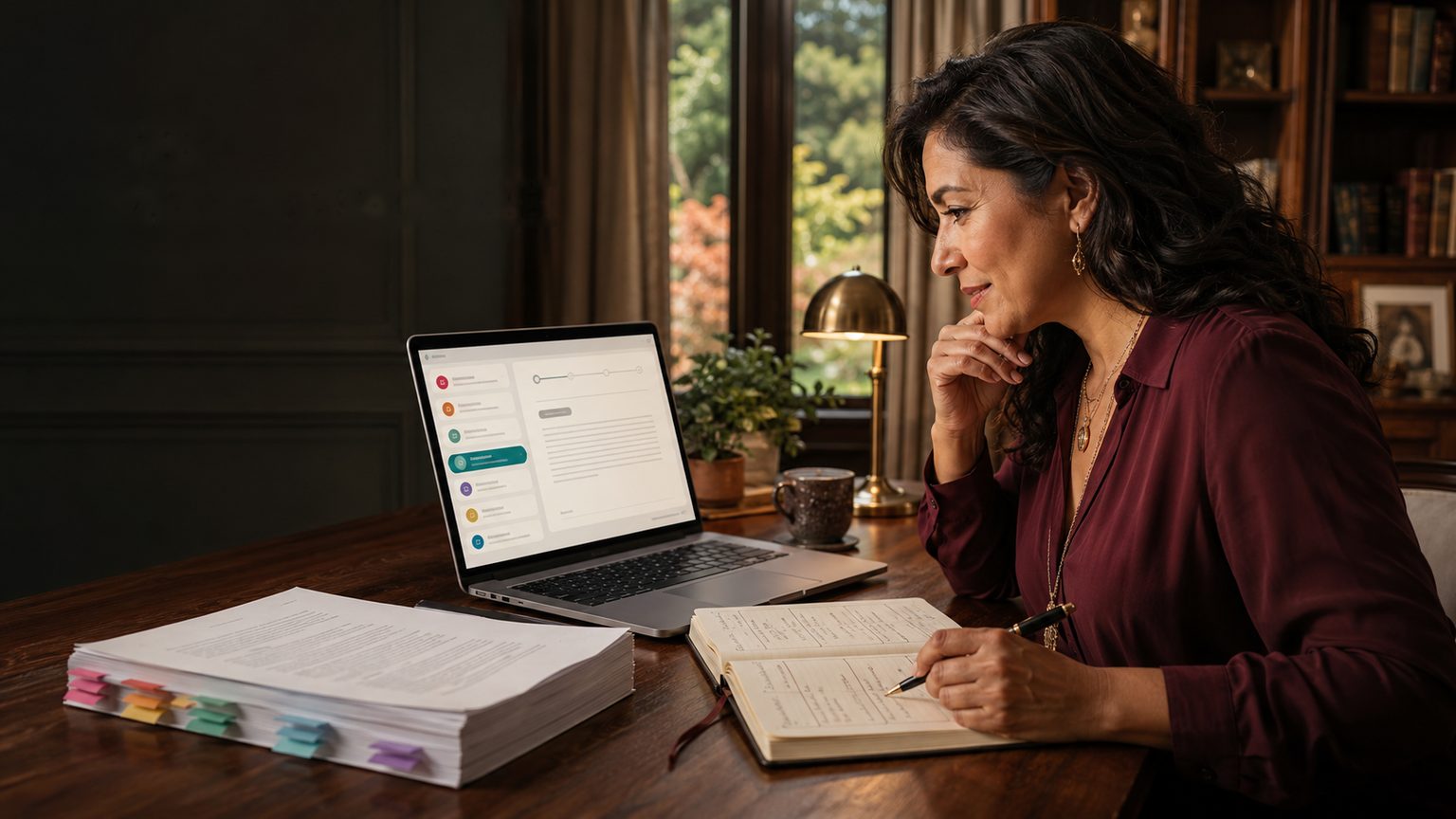A woman at a dark wooden desk in a panelled study, a pen in her hand over an open notebook, looking at a laptop whose screen shows a walkthrough laid out step by step &mdash; a coloured list of findings down one side, one of them opened beside it. A manuscript stack tabbed in five colours, a brass lamp, a cup, and a window onto a sunlit garden.