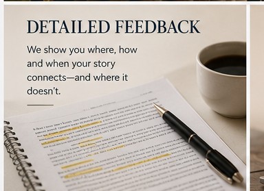 A manuscript page marked with highlighted passages beside a pen and a cup of coffee, annotated here with three red flags: one on the pacing, one on character motivation, one on a missed opportunity.