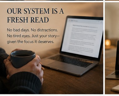 A writer holds a cup of coffee beside a laptop showing a manuscript in progress, the room lit warm behind it. The image carries the words: Our system is a fresh read — no bad days, no distractions, no tired eyes, just your story, given the focus it deserves.