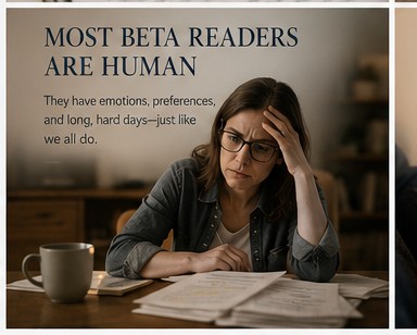 A weary reader rests her head in her hand at a table covered with manuscript pages, a cup of coffee beside her. The image carries the words: Most beta readers are human — they have emotions, preferences, and long, hard days, just like we all do.