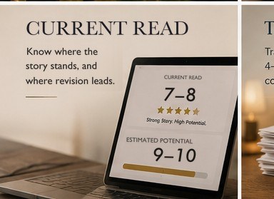 A tablet screen showing an illustrative Reader's Verdict result: a Current Read in the 7–8 band with the note 'strong story, high potential', and an Estimated Potential in the 9–10 band. The image carries the words: Current Read — know where the story stands, and where revision leads.